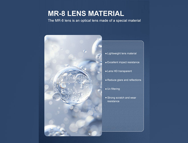 Specifiche delle lenti da vista monofocali asferiche 1.61 MR-8 UV420 con blocco della luce blu e rivestimento duro multistrato HMC